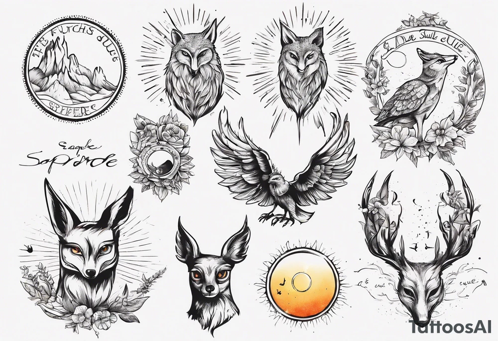 Fuchs und Eule unter der Sonne mit dem Schriftzug Sapere Aude tattoo idea