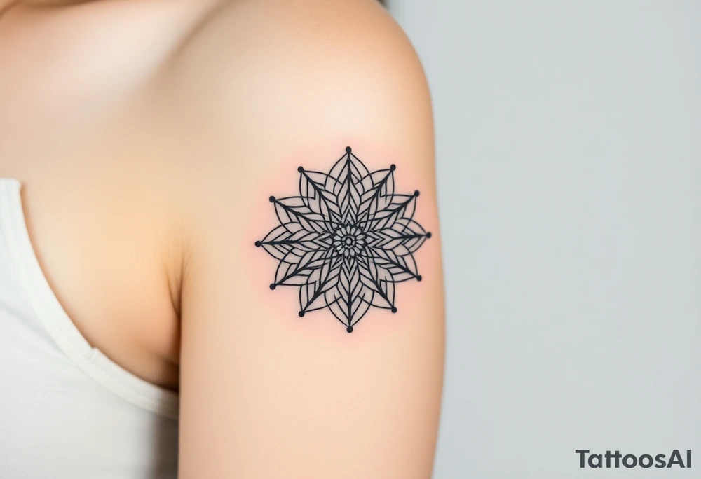 simple, fine-line tattoo, sacred geometry mandala, centerpiece design, dotwork patterns, radiating geometry, symmetrical mandala, geometric shapes, intricate dotwork, sacred patterns, mandala center, geometric radiating, fine line work, black grey shading, minimalist design, no outlines, arm placement, delicate linework, precise geometry, clean symmetry, sacred symbols, geometric precision, dotwork details, mandala focal point, refined patterns, understated complexity, geometric harmony tattoo idea
