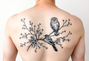 a fineline rowan tree branch with berries and florals. The florals should be large and the branches should have berries. Add in an owl and 2 magpies tattoo idea