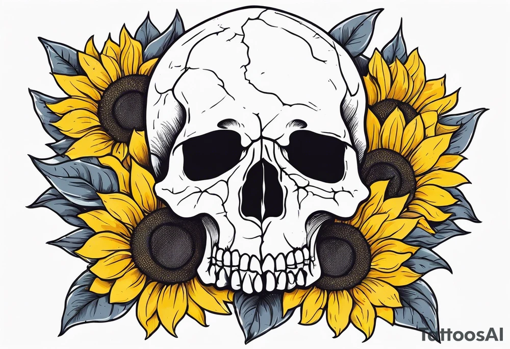 skull surrounded by sunflowers tattoo idea