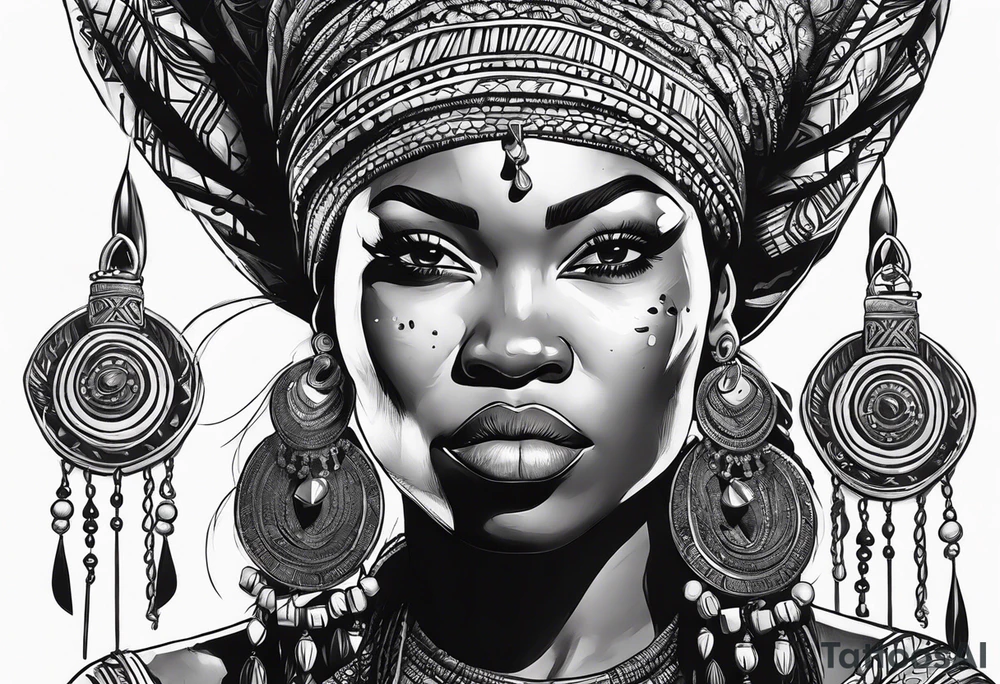 African woman warrior holding spear with deadlocks and earrings. tattoo idea