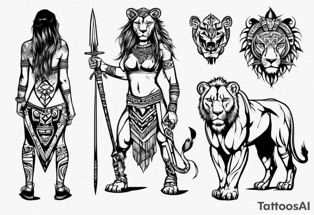 Lioness standing next to a warrior tattoo idea
