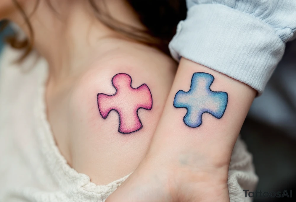 Interlocking puzzle pieces in soft pink and muted blue on the inner wrists symbolize how perfectly you fit together. tattoo idea