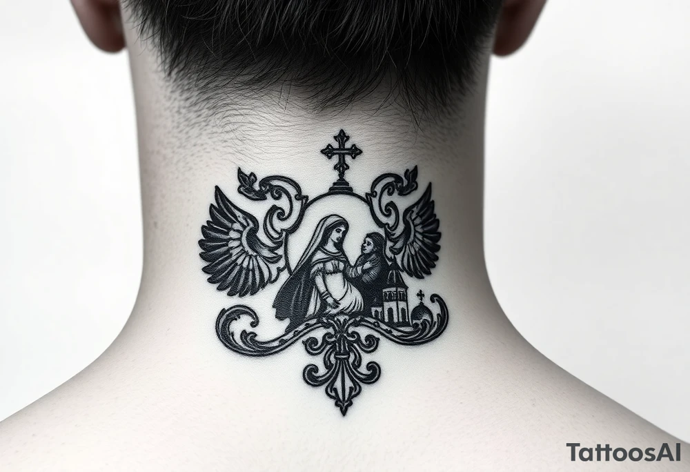 Traditional authentic Russian coat of arms with a Christian orthodox virgin marry in the middle and silhouette in a Russian wilderness Christian orthodoxy dome church village setting tattoo idea