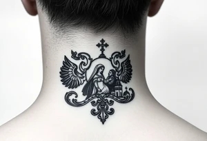 Traditional authentic Russian coat of arms with a Christian orthodox virgin marry in the middle and silhouette in a Russian wilderness Christian orthodoxy dome church village setting tattoo idea