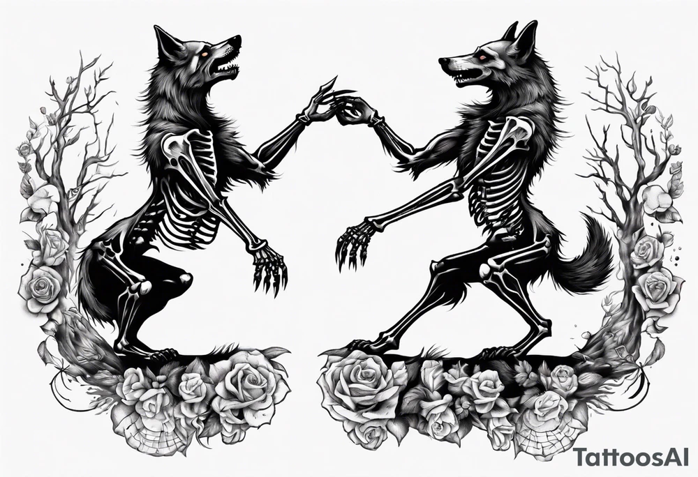 two wolf skeletons dancing tattoo idea