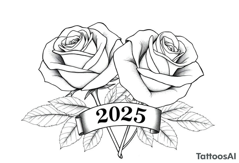 two beautiful large rose buds, one larger than the other, with lots and lots of leaves next to the rose buds, with one sitting slightly higher than the other, side-by-side.  Include a banner connecting the two roses with the year 2025 on it.   Use dark outlines with little shading. No stems tattoo idea