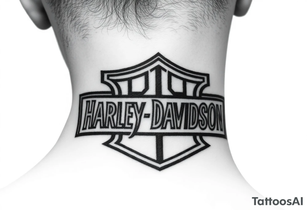 rip Logan a rustan in colligraphy letters inside of hollow Harley davidson sign tattoo idea