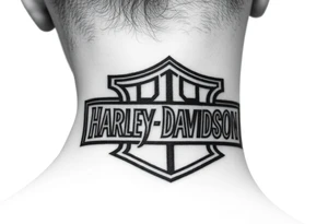 rip Logan a rustan in colligraphy letters inside of hollow Harley davidson sign tattoo idea