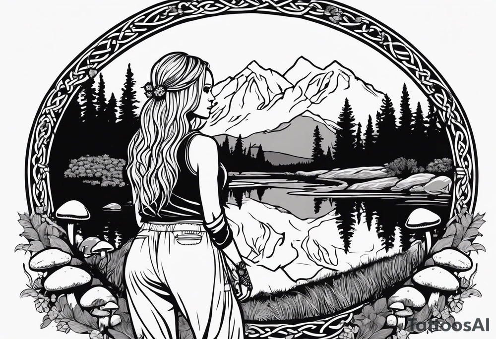 Whole picture encircled fully

Straight long blonde hair hippie girl in distance holding mushrooms in hand facing away toward mountains and creek surrounded by mushrooms long sleeve shirt and hiking pants; whole rendering within a full celtic circle border, no cut off circle tattoo idea