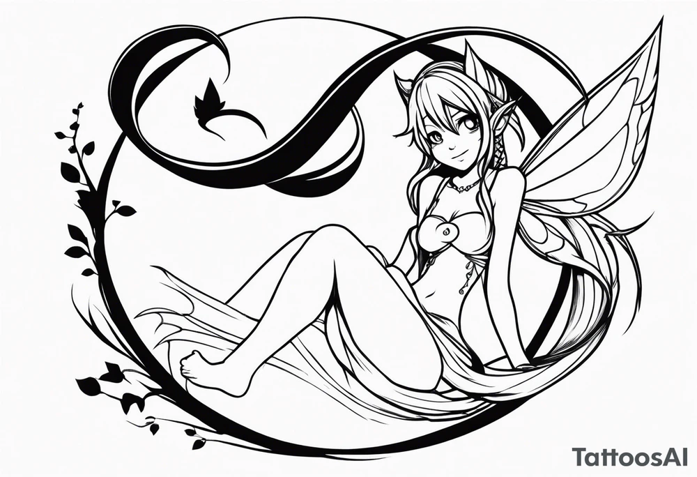 No color sketch of a fairy with a tail inspired by the guild symbol in the anime show called Fairy Tail in a fetal position leaning in and forward while crawled in hugging herself floating tattoo idea