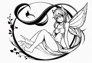 No color sketch of a fairy with a tail inspired by the guild symbol in the anime show called Fairy Tail in a fetal position leaning in and forward while crawled in hugging herself floating tattoo idea