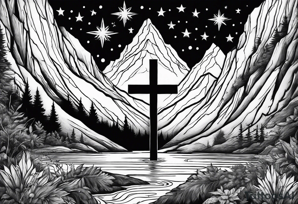 mountains, nature, stars, cross, waterfall, water tattoo idea