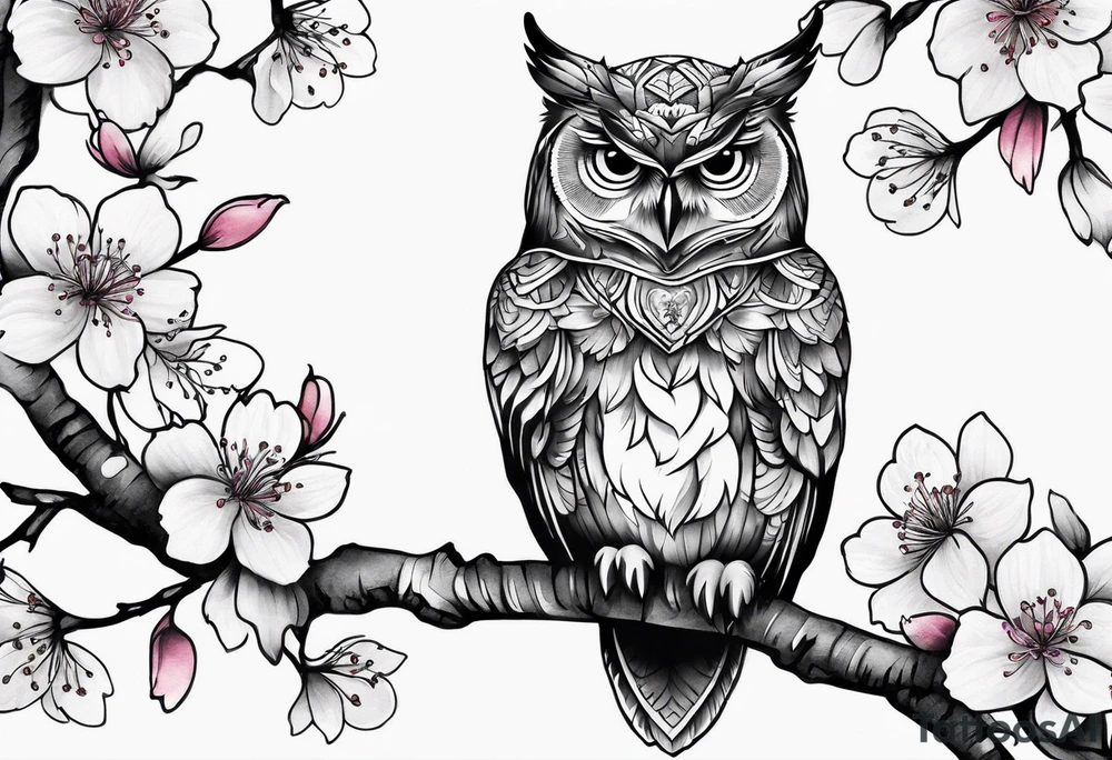 Owl and cherry blossoms tattoo idea
