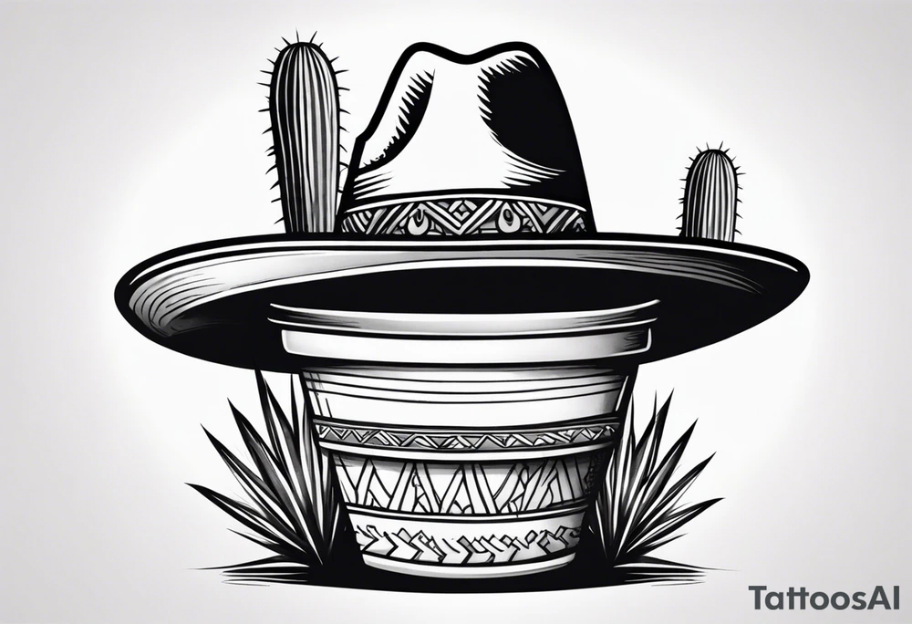 Cactus in a pot wearing a sombrero black and grey tattoo idea