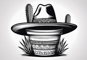 Cactus in a pot wearing a sombrero black and grey tattoo idea