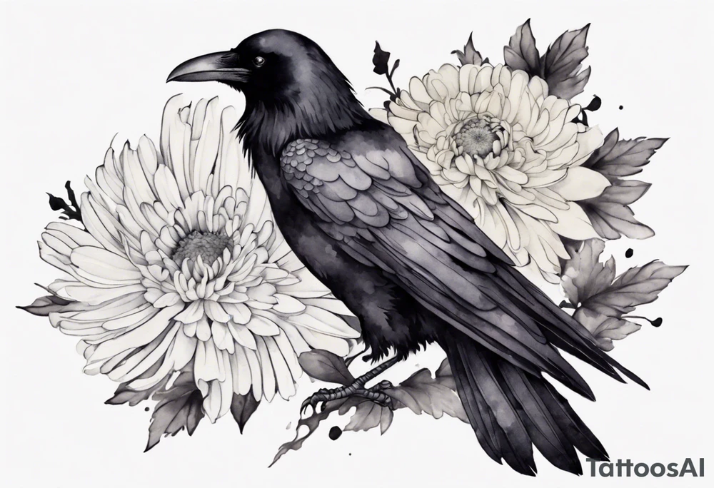 raven with a white chrysanthemum corsage tattoo idea
