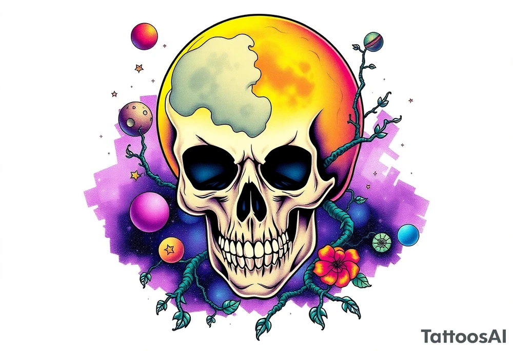gothic skull as the moon and life as the sun. intertwined with climbing  vines as space dust connecting planets and galaxy in background of skull really bright colors used for the planets and stars shade's of Purple, Blue and black as the backdrop for galaxy tattoo idea