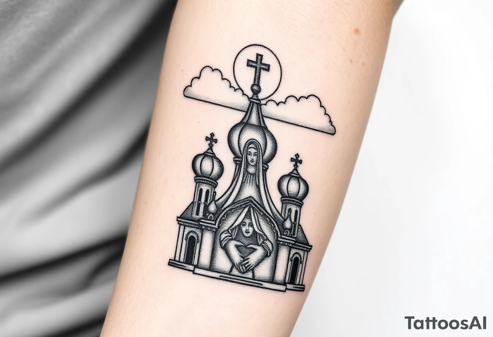 Russian Orthodox church with orthodox spire crosses, with clouds above it and a virgin mary seperately looking over hands on heart sat above tattoo idea