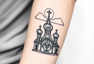 Russian Orthodox church with orthodox spire crosses, with clouds above it and a virgin mary seperately looking over hands on heart sat above tattoo idea