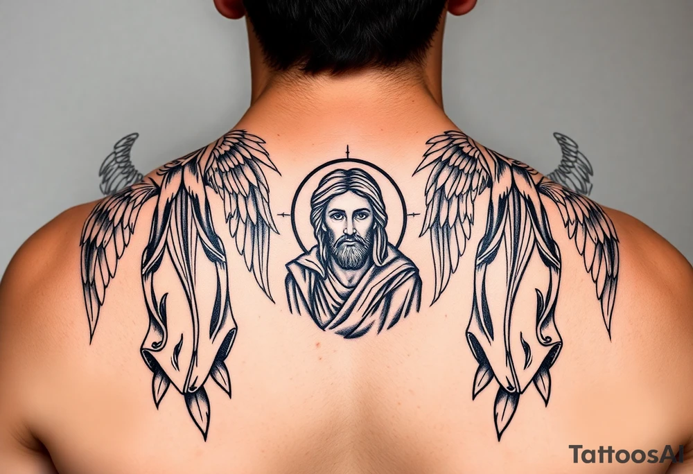 russian orthodox symmetrical guardian angel icon on left and right side of back with both angels holding up a jesus potrait tattoo idea