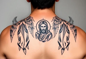 russian orthodox symmetrical guardian angel icon on left and right side of back with both angels holding up a jesus potrait tattoo idea