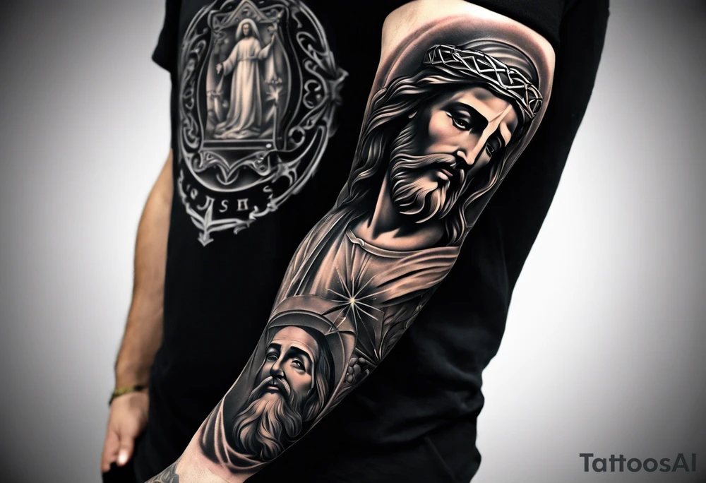 Catholic tattoo sleeve for a man. tattoo idea with Jesus on upper arm looking down tattoo idea