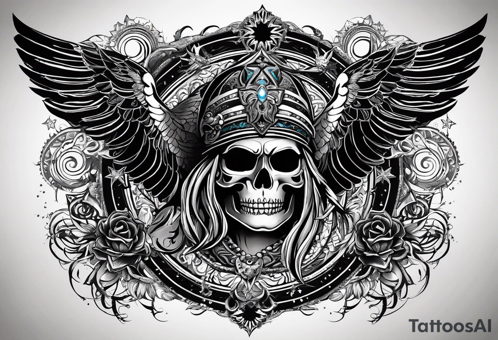 black kali, goddess pirate, alien, angel, pachamama, valkrye, warrior, flying, skull, lotus azul, wing, eagle, zenza resonance, stars, 5D, anahata chakra tattoo idea