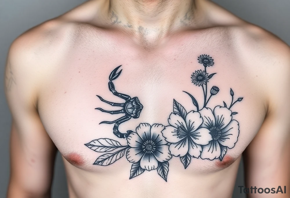 A medium tattoo including the constellation of Scorpio & Virgo as well as the flowers associated with October & September into one tattoo idea