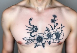 A medium tattoo including the constellation of Scorpio & Virgo as well as the flowers associated with October & September into one tattoo idea