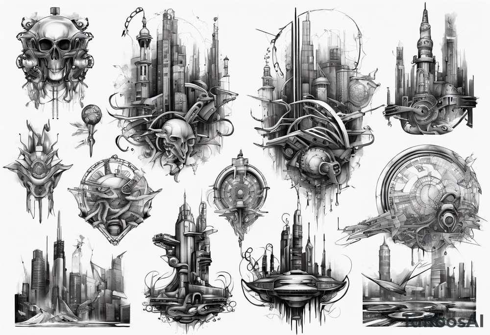 Cyberpunk style city tattoo idea