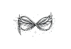 infinity symbol woven with floating feathers and stardust tattoo idea