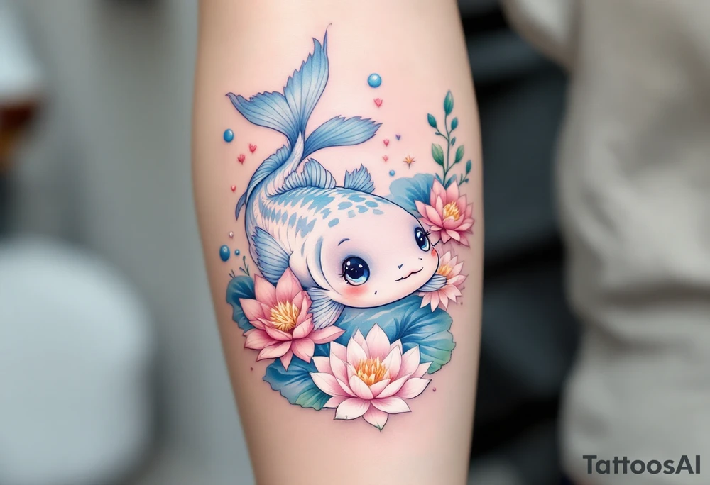Catfish with Floral Elements – A gentle catfish with light blue-gray skin, surrounded by lotus flowers and soft pastel water waves, blending naturalistic and ornamental styles. tattoo idea