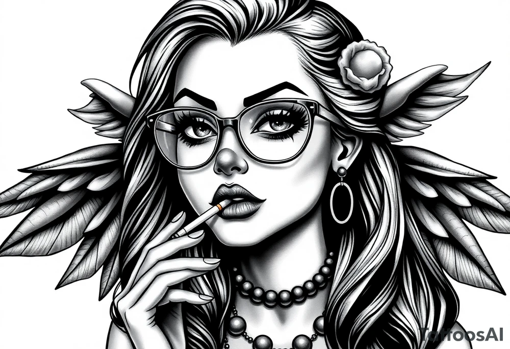 beautiful long hair pin up Clown Girl thug eyeglasses  angelic wings smoking a cigarette tattoo idea