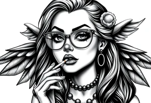 beautiful long hair pin up Clown Girl thug eyeglasses  angelic wings smoking a cigarette tattoo idea