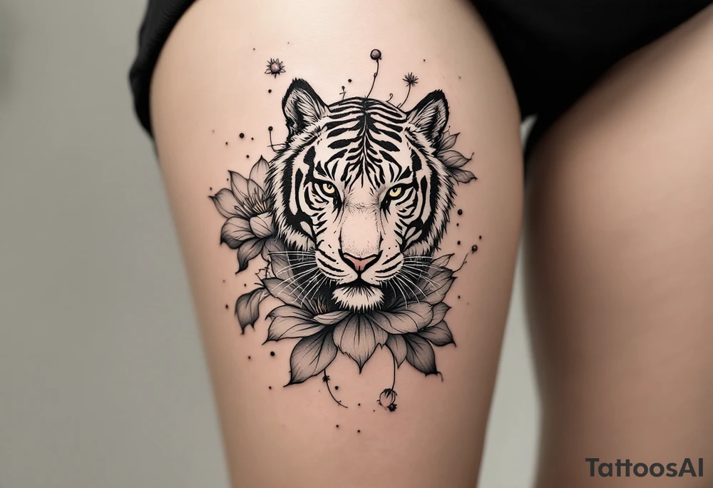 fierce tiger emerging through blooming lotus flowers in mist tattoo idea