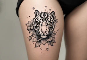 fierce tiger emerging through blooming lotus flowers in mist tattoo idea