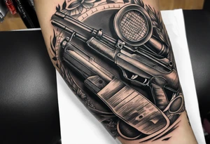 Arm tattoo sleeve include small ak-47, small tennis racket, fitness related, motivational quote, sun, tattoo idea