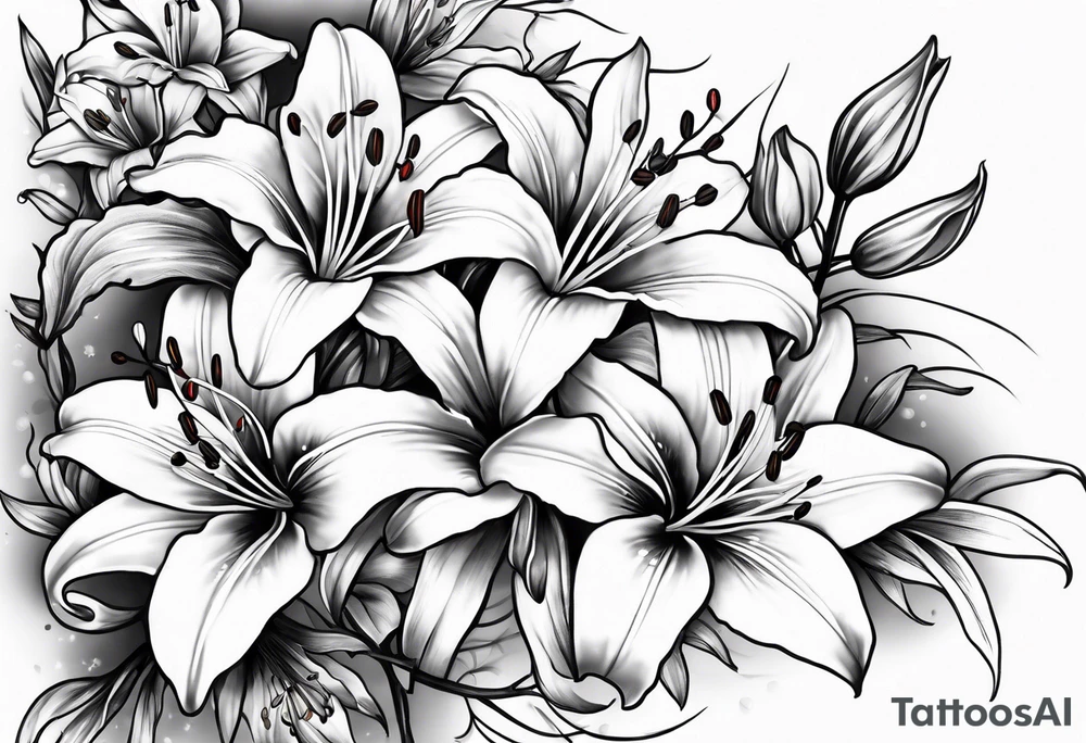 5 lilies and cherry blossom branch tattoo idea