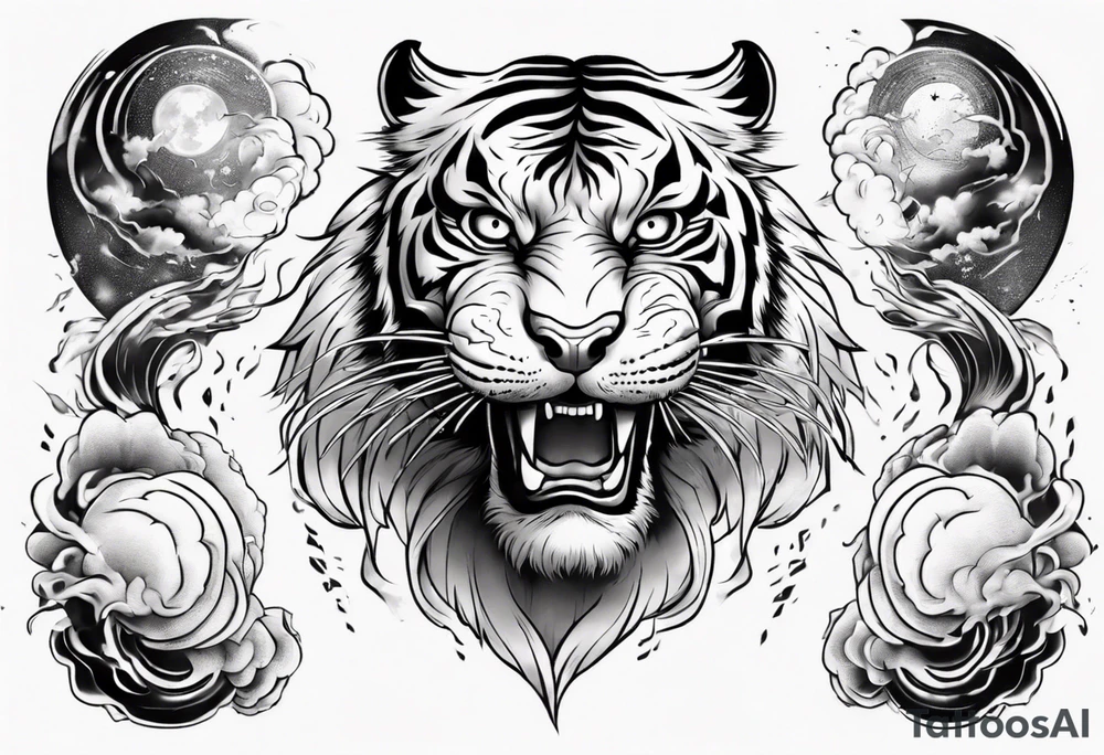 Tiger design with lightning and the sun for a forearm sleeve tattoo idea