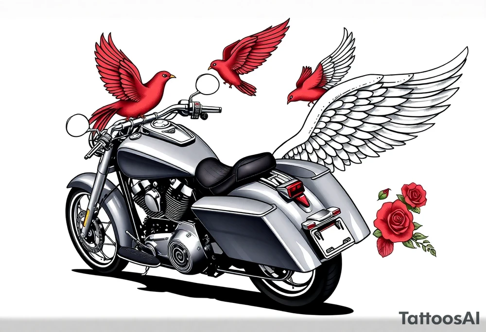 Harley grey motorcycle driving away, two red birds flying, roses, flames, angel wings tattoo idea