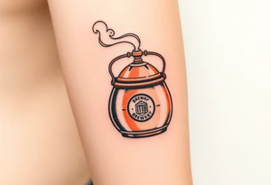 A traditional copper brewing kettle with steam rising, with an engraved brewery logo for a nostalgic and industrial look tattoo idea