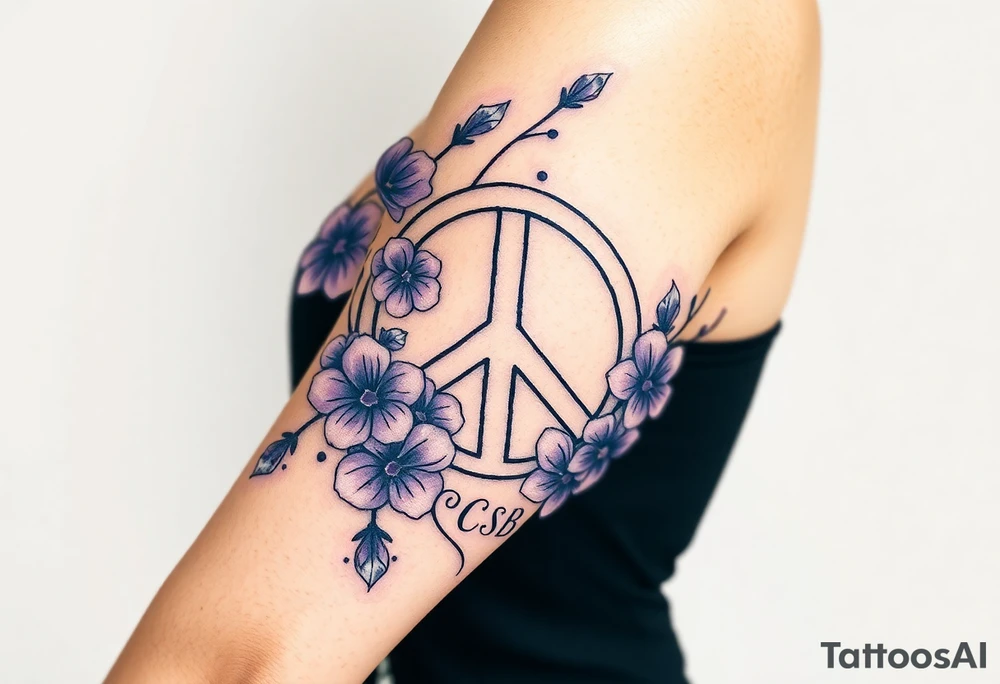 peace symbol intertwined with violets Pisces symbol, dog prints, amethyst, initials csb in cursive font tattoo idea