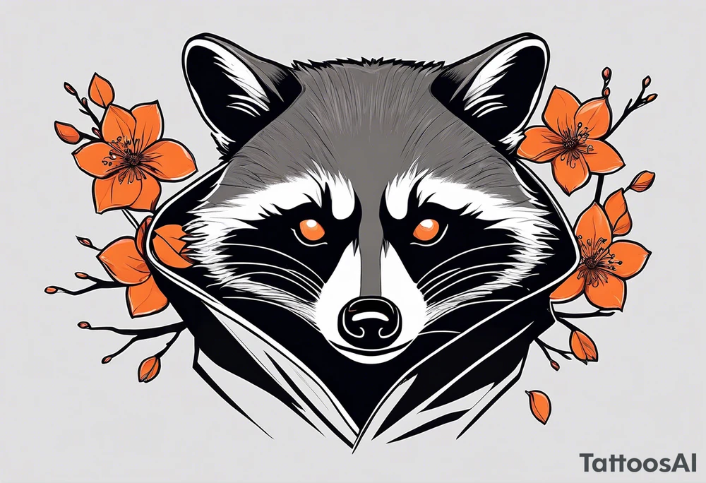 Raccoon wearing a white Superman logo on a black hoodie and orange Japanese cherry blossoms tattoo idea
