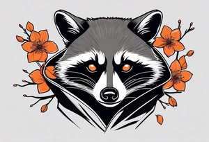 Raccoon wearing a white Superman logo on a black hoodie and orange Japanese cherry blossoms tattoo idea