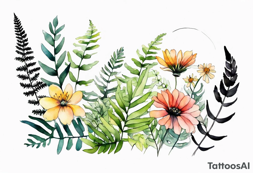 wild flowers with ferns all watercolor tattoo idea