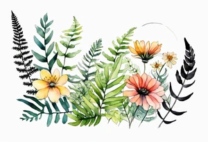 wild flowers with ferns all watercolor tattoo idea