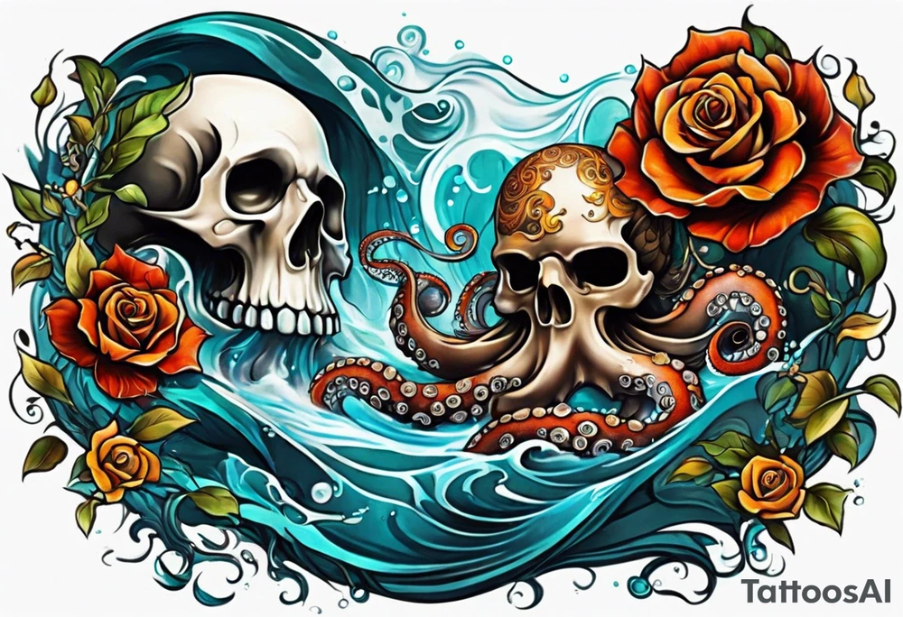 Left thigh tattoo with an octopus in water swirls wrapping around rocks, skulls, a rose, fall colors tattoo idea