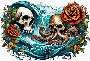 Left thigh tattoo with an octopus in water swirls wrapping around rocks, skulls, a rose, fall colors tattoo idea