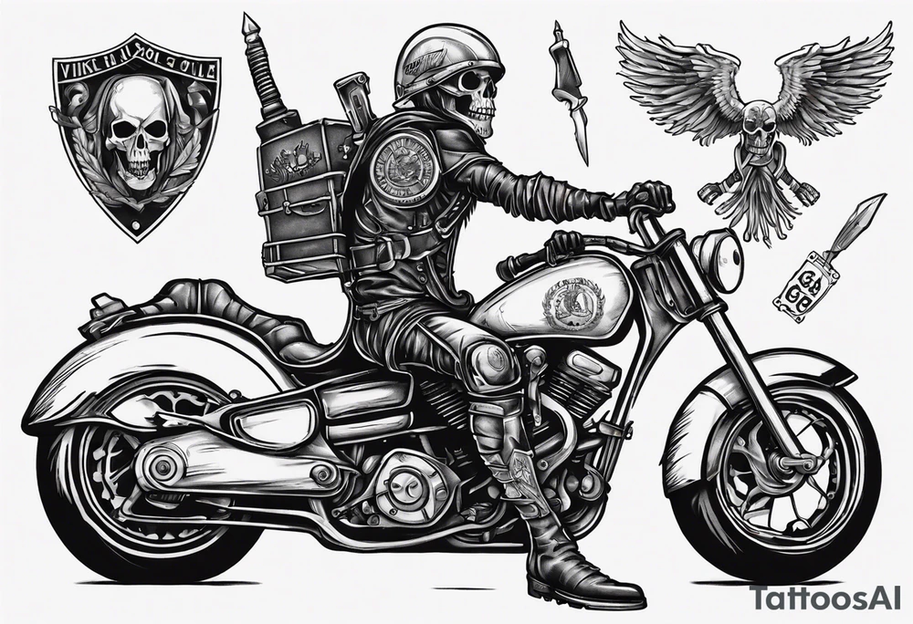 i want a tattoo of a motorcycle being ridden into the distance by a skeleton and the number plate to say “Viking Customs” tattoo idea